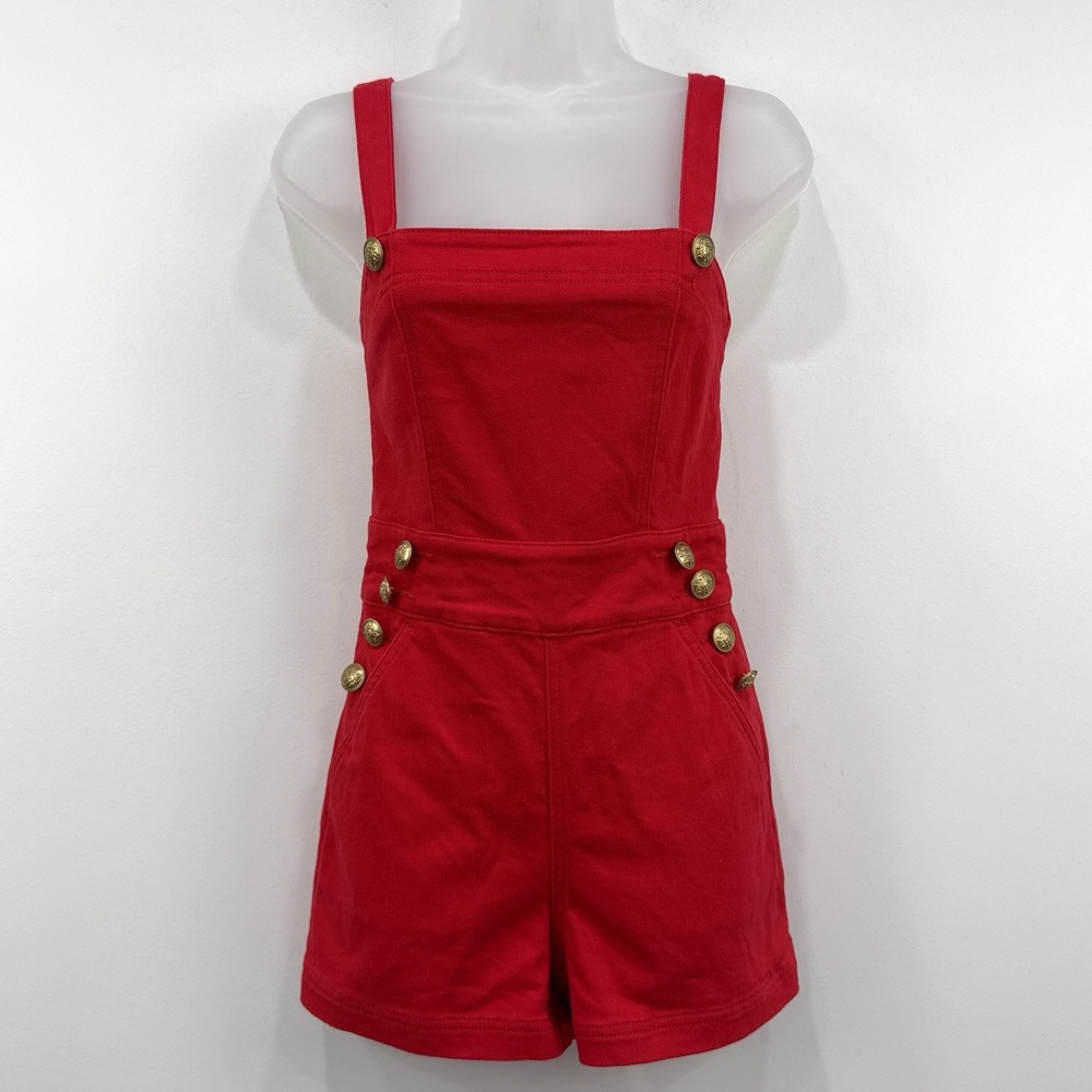 Alice + Olivia Vita Denim Romper 25 Bright Ruby Preppy Gold Crest Button Classic